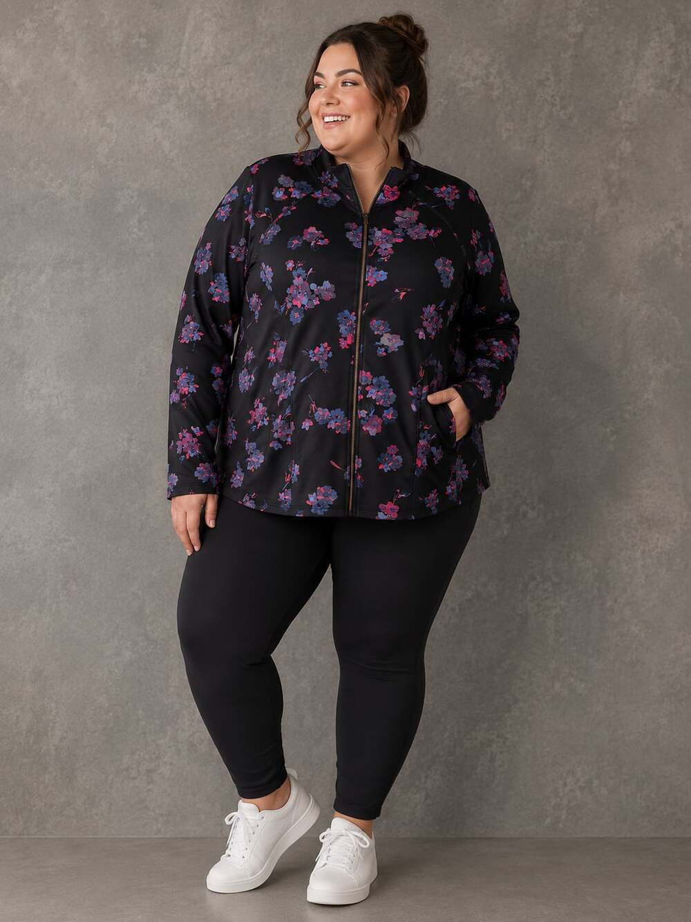 Livi Active Women's Plus Size Floral Athletic Full Zip Jacket